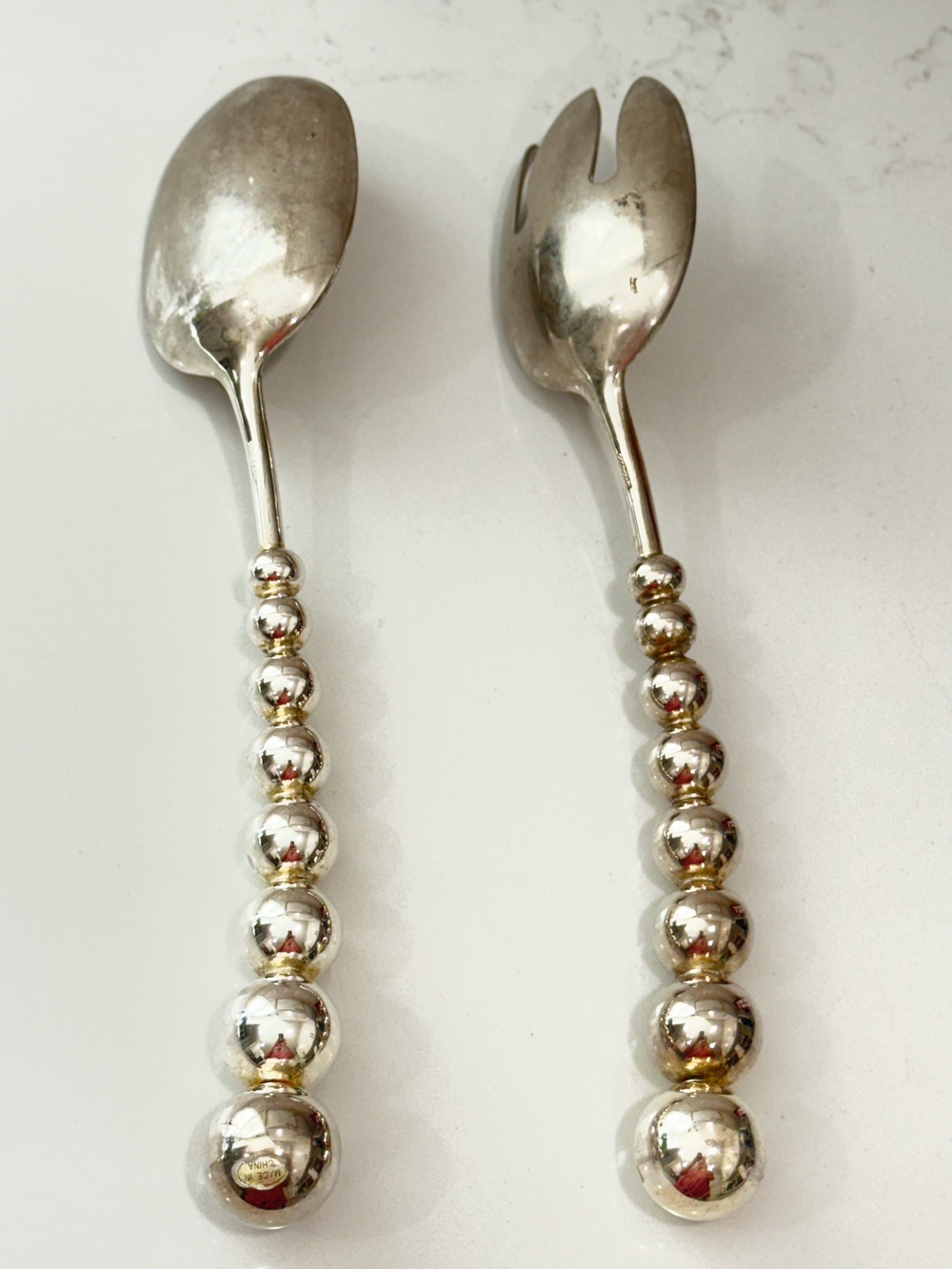 Mariposa Brillante String of Pearls Salad Servers Set Aluminum Beaded Spoon Fork